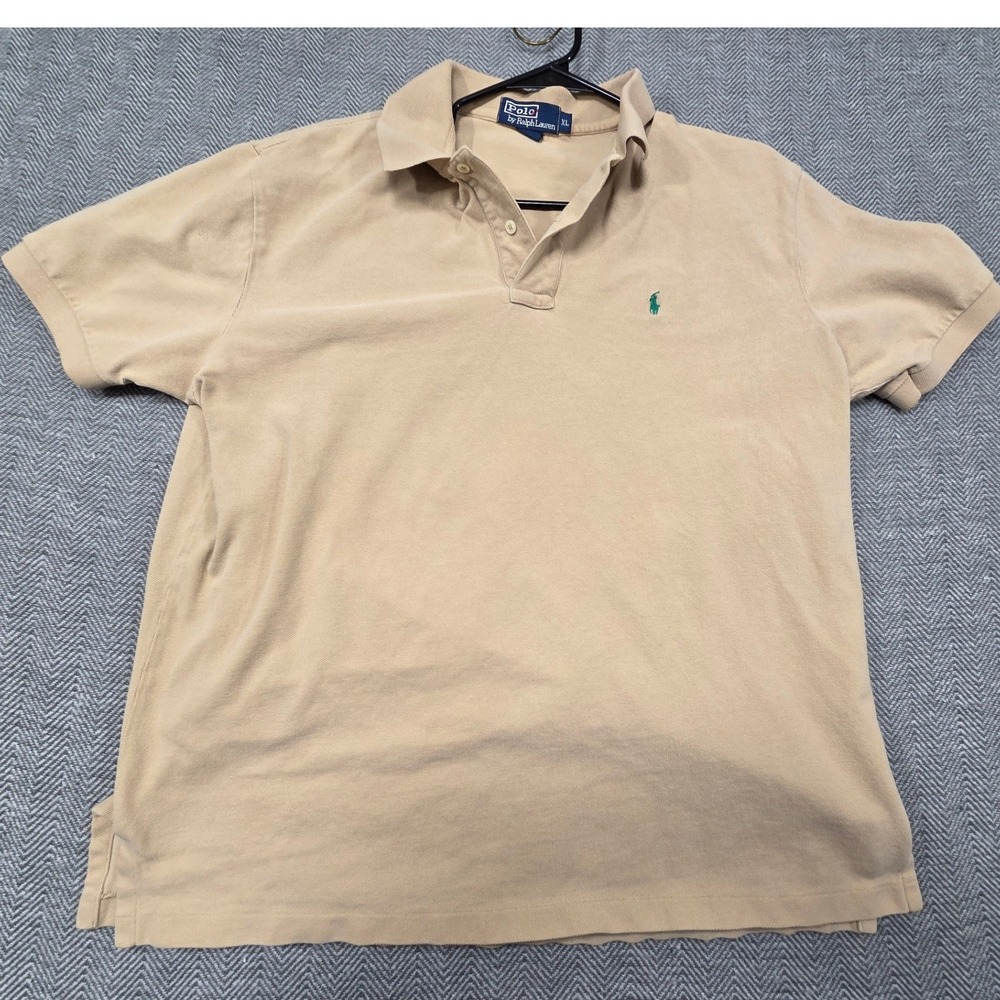 Polo Ralph Lauren Men XL Tan Beige Short Sleeve Pique Polo Shirt Green Pony Logo